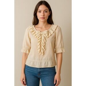 Piko 1988 Women's Cream Bow Ruffle Front Button Back Blouse Top Size M